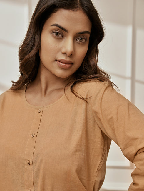 Women's Beige Cambric Cotton Shirt Style Kurta With Matching Dhoti Pants Yoga Set